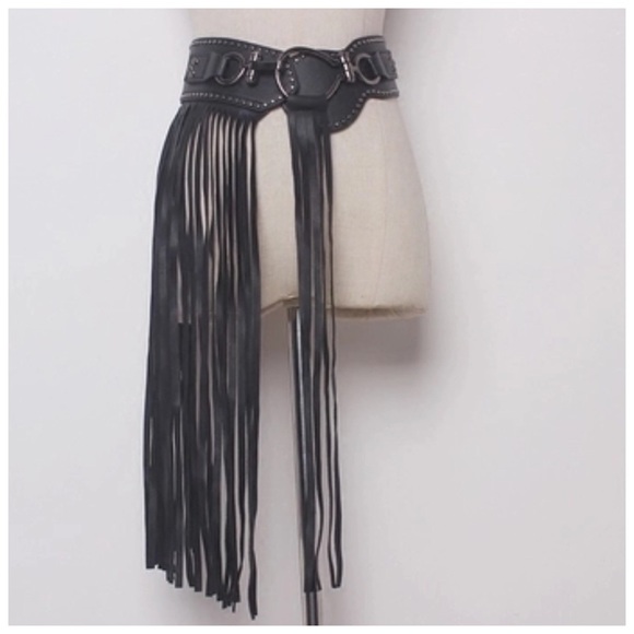 Accessories - Black Vegan Leather Fringe Belt
